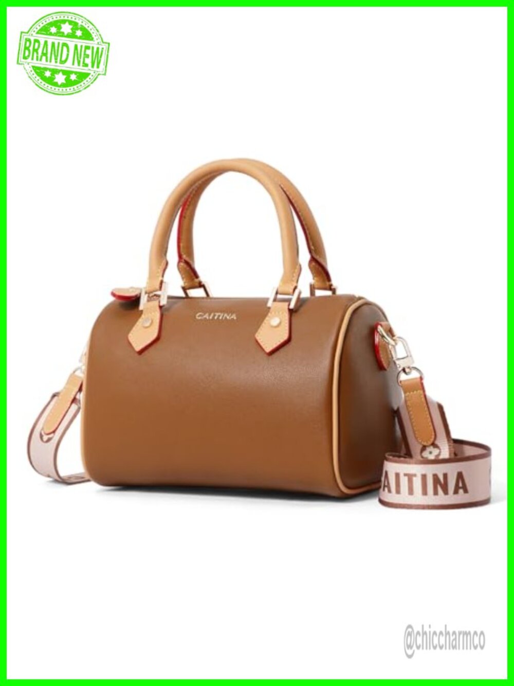 Vegan Leather Boston Barrel Bag Top Handle Satchel Detachable Crossbody Strap